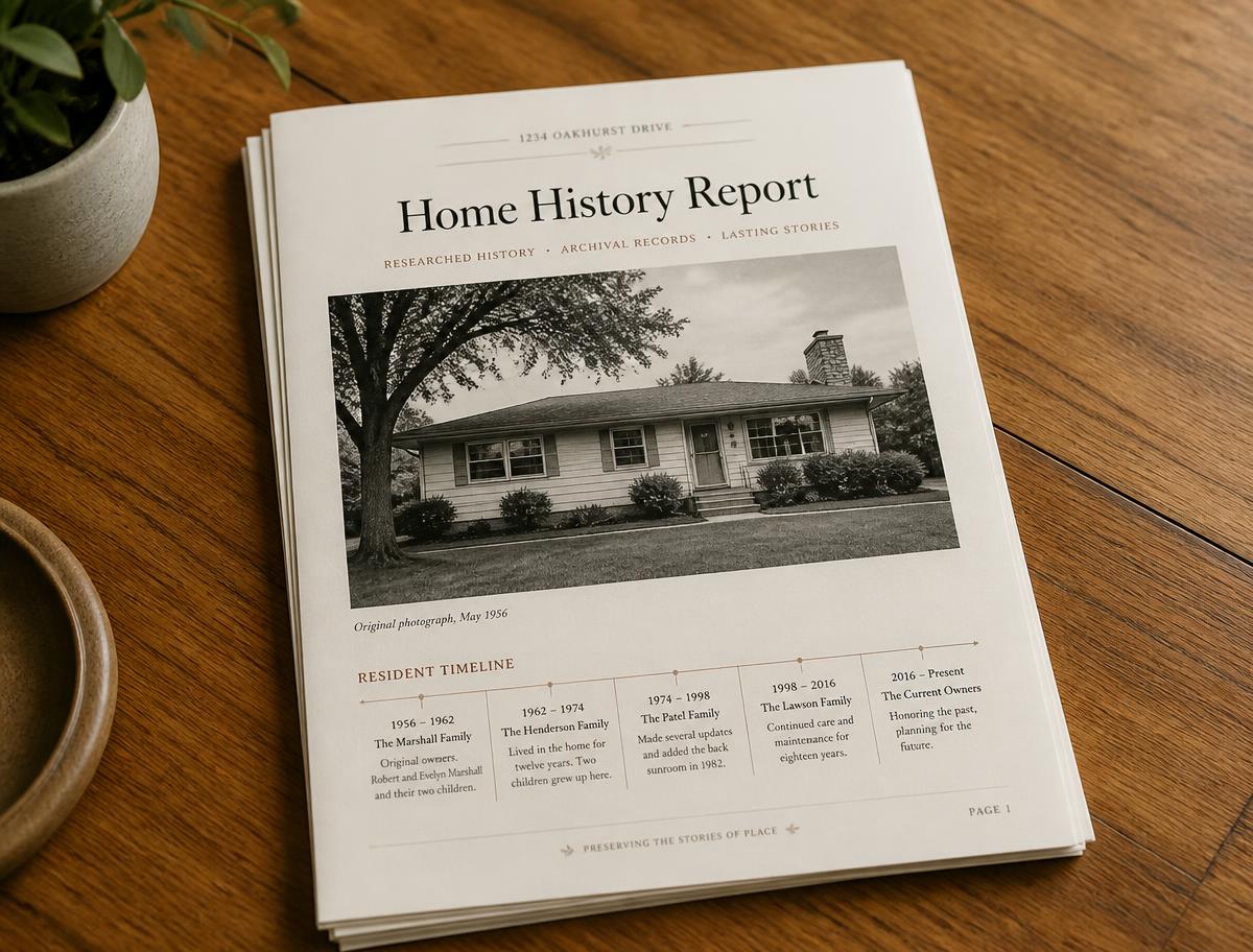 Printed home history report laid out on a table